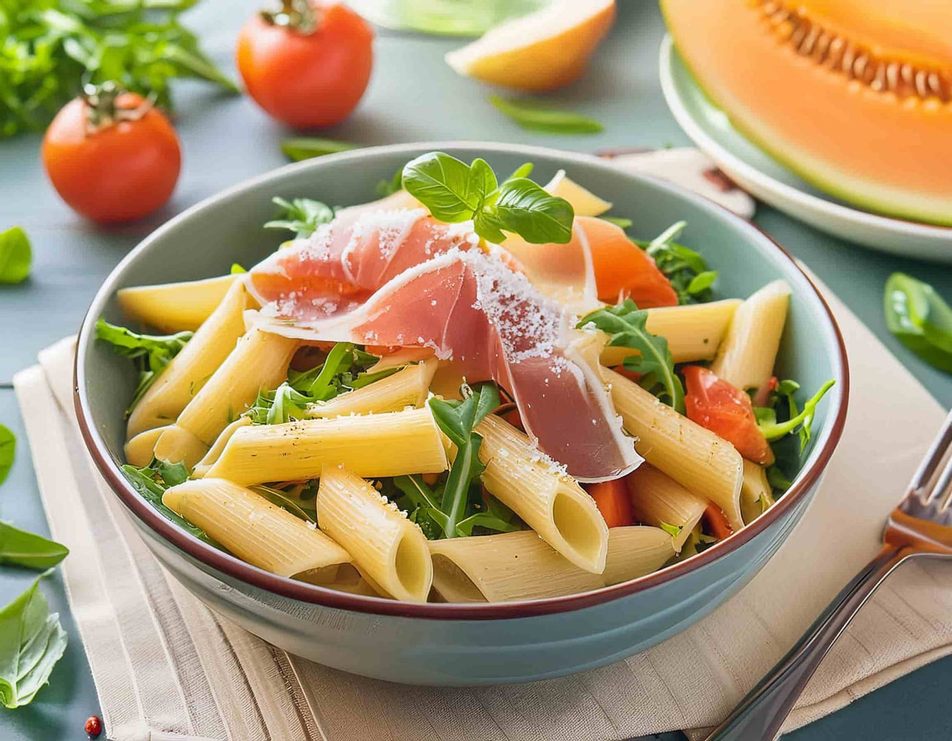 Salade Italienne à base de pâtes, de roquette, de tomates, de melon, de pesto et de parmesan