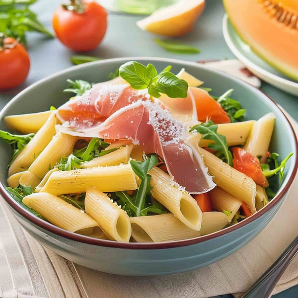 Salade-italienne-Marine-Vigier-Diététicienne Salade Italienne à base de pâtes, de roquette, de tomates, de melon, de pesto et de parmesan